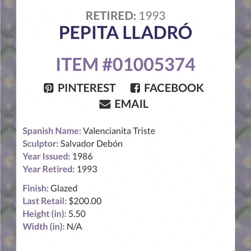 Lladro “Pepita” 5375 *rare+retired* Porcelain figurine MINT condition w/box! - Picture 9 of 9